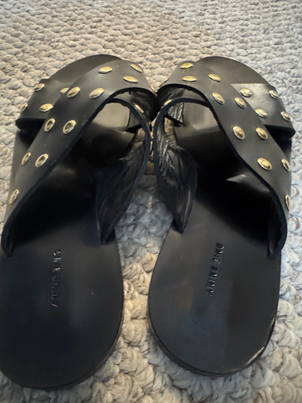 Anine Bing Black Leather Studded Slide Sandals - Picture 3 of 6